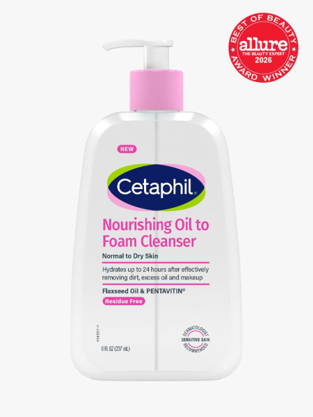 White pump bottle of Cetaphil Nourishing Oil to Foam Cleanser with Allure Best of Beauty stamp in the top right corner on a light gray background