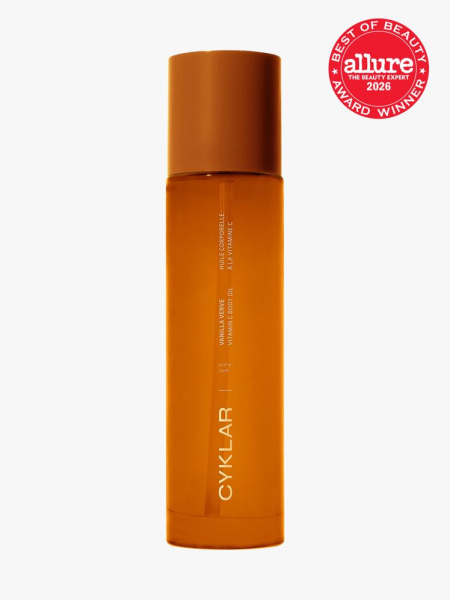 Cyklar Vanilla Verve Vitamin C Body Oil in branded bottle component on a light gray background with the 2026 best of beauty seal in the top right corner