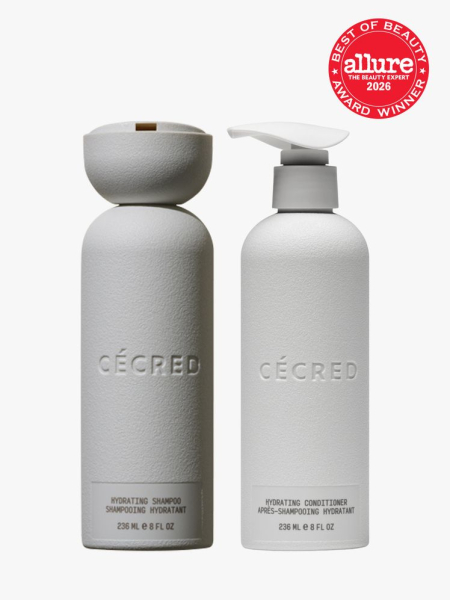 Cécred Hydrating Shampoo and Conditioner in branded bottle components on a light gray background with the 2026 best of beauty seal in the top right corner