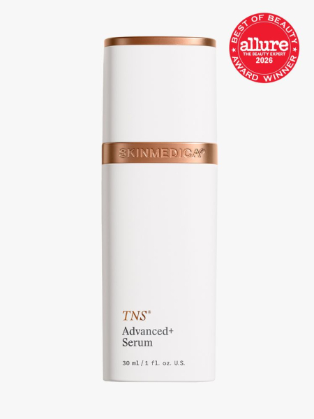 SkinMedica TNS Advanced+ Serum in branded component on a light gray background with the 2026 best of beauty seal in the top right corner