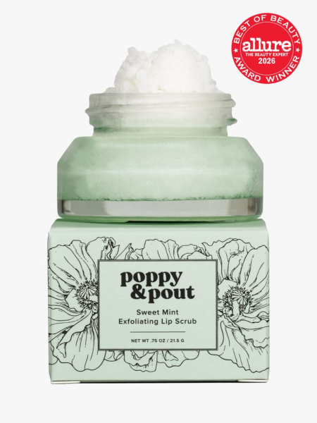 Mint green container of Poppy & Pout Sweet Mint Exfoliating Lip Scrub  with Allure Best of Beauty stamp in the top right corner on a light gray background