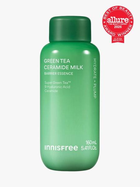 Innisfree Green Tea Ceramide Milk in branded component on a light gray background with the 2026 best of beauty clean beauty seal in the top right corner