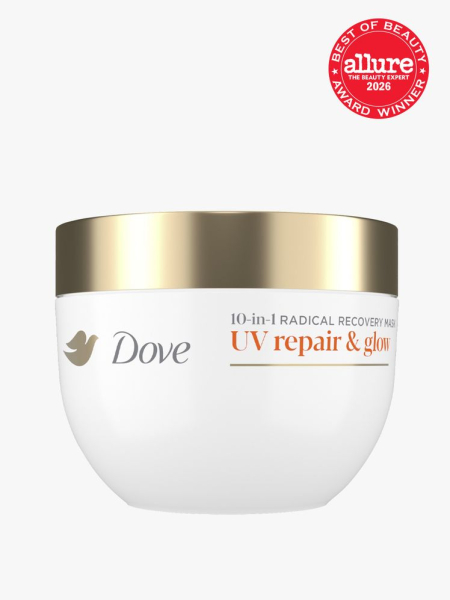 White container of Dove UV Repair & Glow 10-in-1 Radical Recovery Mask with gold cap and an Allure Best of Beauty stamp in the top right corner on a light gray background