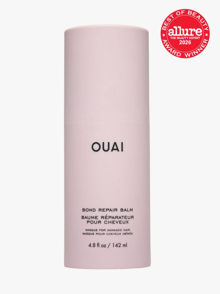 Ouai Bond Repair Balm in branded component on a light gray background with the 2026 best of beauty seal in the top right corner