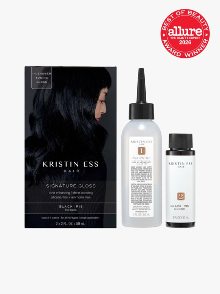 Kristin Ess Hair Signature Gloss box of hair dye, vial, and application bottle on light gray background with red Allure Best of Beauty seal in the top right corner