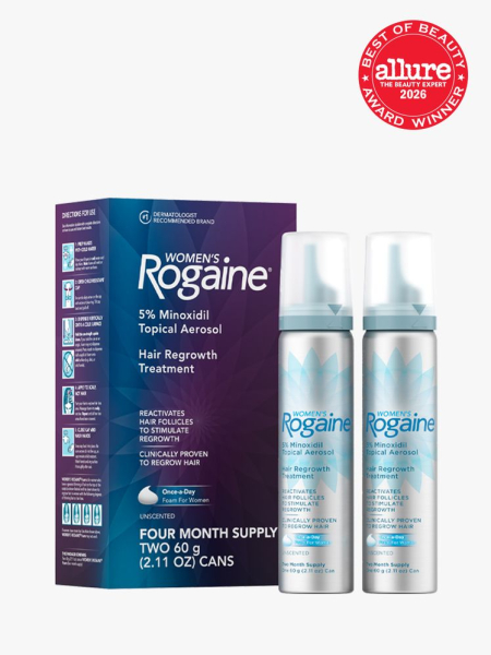 Women’s Rogaine 5% Minoxidil Unscented Foam in branded components on a light gray background with the 2026 best of beauty seal in the top right corner
