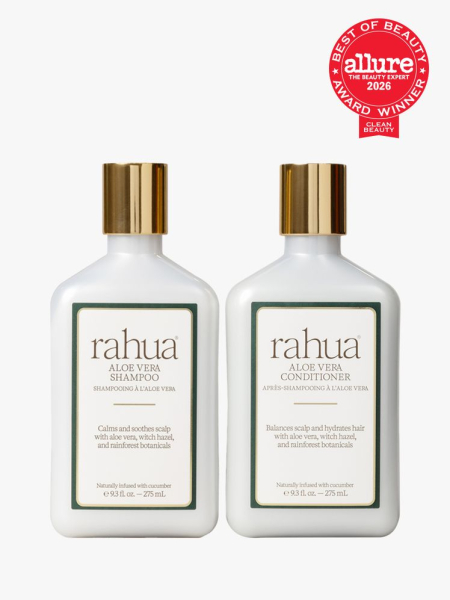 Rahua Aloe Vera Shampoo and Conditioner in two branded components on a light gray background with the 2026 best of beauty seal in the top right corner