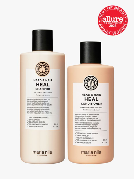 Maria Nila Head and Hair Heal Shampoo & Conditioner peach bottles of shampoo and conditioner with black caps on light gray background with red Allure Best of Beauty seal in the top right corner