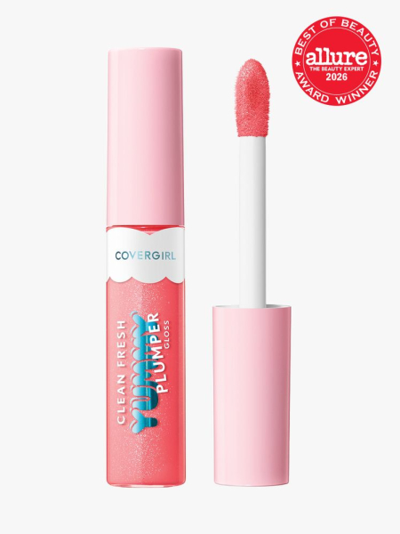 Light pink tube of CoverGirl Clean Fresh Yummy Gloss Plumper with Allure Best of Beauty stamp in the top right corner on a light gray background
