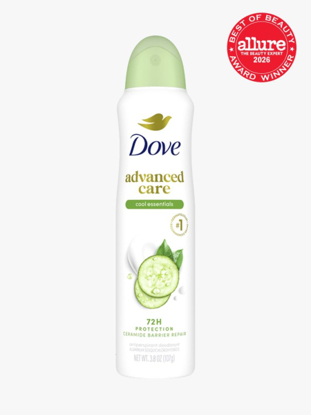 Dove Advanced Care Cool Essentials Dry Spray Antiperspirant Deodorant spray canister of deodorant on light gray background with red Allure Best of Beauty seal in the top right corner