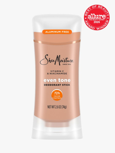 Beige colored stick of SheaMoisture Vitamin C + Niacinamide Even Tone Deodorant with an Allure Best of Beauty stamp in the top right corner on a light gray background