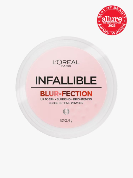 Container of L'Oréal Paris Infallible Blur-Fection Longwear Loose Setting Powder with light pink cap and an Allure Best of Beauty stamp in the top right corner on a light gray background 