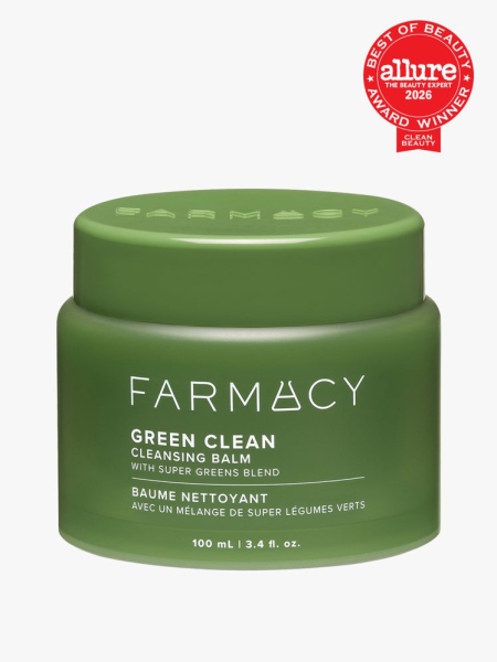 Farmacy Green Clean Cleansing Balm in branded tub component on a light gray background with the 2026 best of beauty clean beauty seal in the top right corner