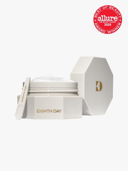 Grey container of  Eighth Day The Ultra-Rich Intensive Moisturizer with gold writing and an Allure Best of Beauty stamp in the top right corner on a light gray background