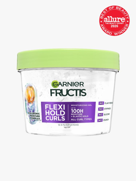 Container of Garnier Fructis Flexi Hold Curls Moisturizing Gel with light green cap and an Allure Best of Beauty stamp in the top right corner on a light gray background