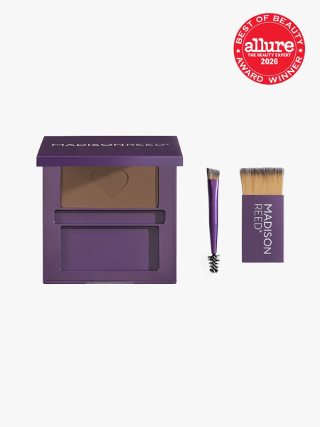 Madison Reed The Great Cover Up Root Touch Up & Brow Filler in multiple branded components on a light gray background with the 2026 best of beauty seal in the top right corner