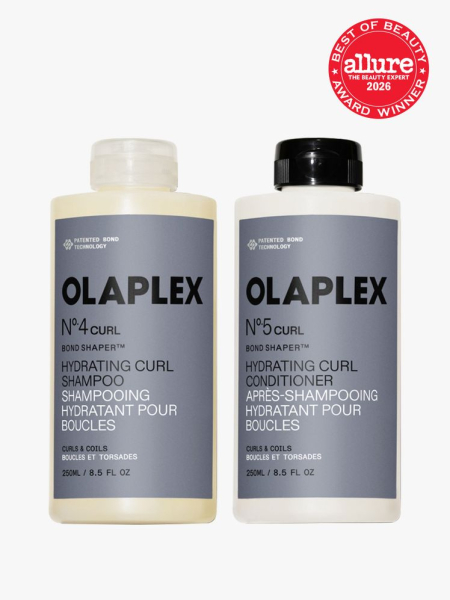 Olaplex No. 4Curl Bond Shaper Hydrating Curl Shampoo and No. 5Curl Bond Shaper Hydrating Curl Conditioner in branded bottle components on a light gray background with the 2026 best of beauty seal in the top right corner
