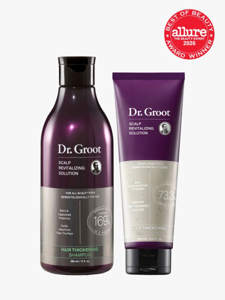 Dr. Groot Scalp Revitalizing Solution Hair Thickening Shampoo and Conditioner purple and gray bottles of shampoo and conditioner on light gray background with red Allure Best of Beauty seal in the top right corner