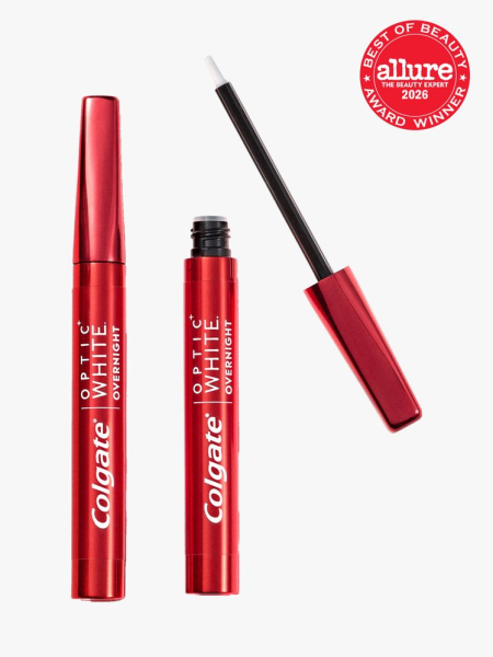 Colgate Optic White Overnight Whitening Pen red teeth whitening pen on light gray background with red Allure Best of Beauty seal in the top right corner