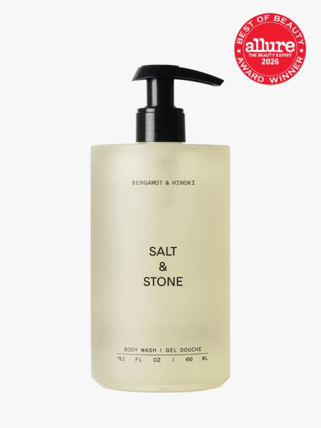Salt & Stone Bergamot & Hinoki Body Wash in bottle branded component on a light gray background with the 2026 best of beauty seal in the top right corner