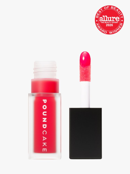 Poundcake Cake Theory Lip Tone Equalizing Oil in branded component on a light gray background with the 2026 best of beauty seal in the top right corner