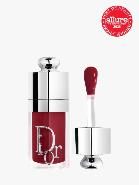 Dior Addict Lip Glow Oil in branded component on a light gray background with the 2026 best of beauty seal in the top right corner