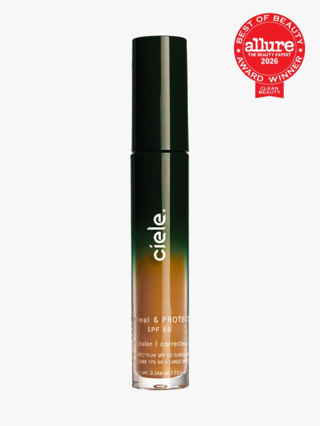 Ciele Cosmetics Conceal & Protect SPF 50 in branded component on a light gray background with the 2026 best of beauty clean beauty seal in the top right corner