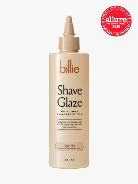 Billie Shave Glaze in branded component on a light gray background with the 2026 best of beauty seal in the top right corner
