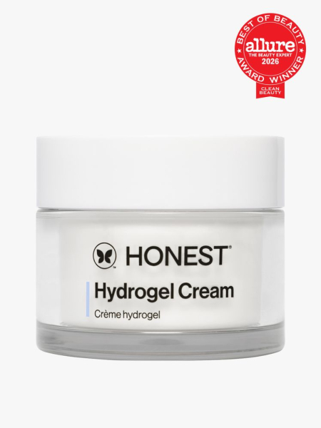 Honest Hydrogel Cream in branded tub component on a light gray background with the 2026 best of beauty clean beauty seal in the top right corner