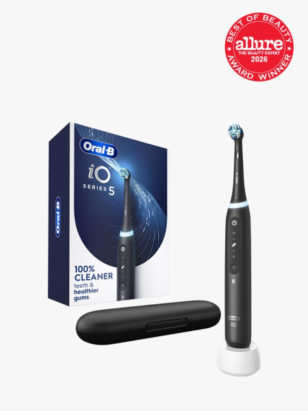 Oral-B iO Series 5 Electric Toothbrush in branded component on a light gray background with the 2026 best of beauty seal in the top right corner