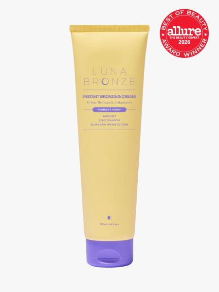 Luna Bronze Instant Bronzing Cream in branded tube component on a light gray background with the 2026 best of beauty seal in the top right corner