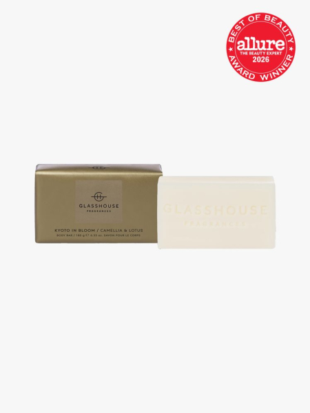 Glasshouse Fragrances Kyoto in Bloom Body Bar in branded component on a light gray background with the 2026 best of beauty seal in the top right corner