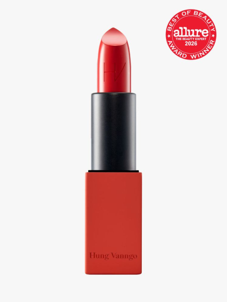 Hung Vanngo Beauty Creamy Matte Lipstick in black and red packaging with Allure Best of Beauty stamp in the top right corner on a light gray background 