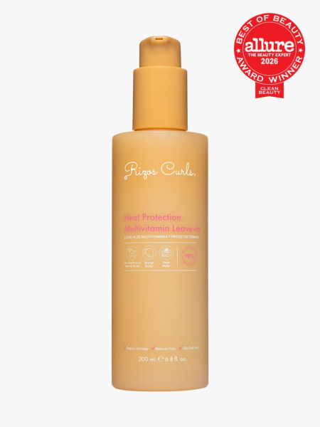 Rizos Curls Heat Protection Multivitamin Leave-In in branded component on a light gray background with the 2026 best of beauty seal in the top right corner