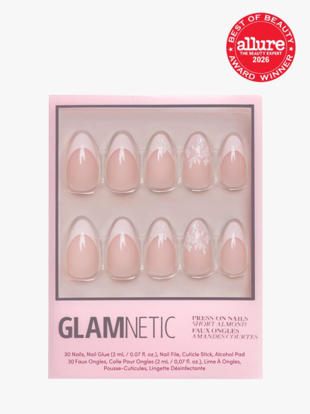 Glamnetic Press-On Nails box of pink French manicure press on nails on light gray background with red Allure Best of Beauty seal in the top right corner