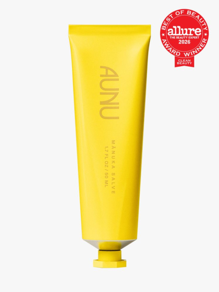 Aunu Mānuka Salve in branded tube component on a light gray background with the 2026 best of beauty clean beauty seal in the top right corner
