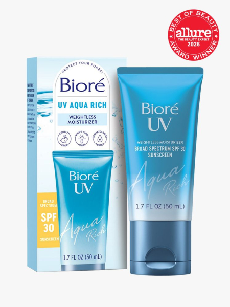 Blue tube of Biore UV Aqua Rich SPF 50 with Allure Best of Beauty stamp in the top right corner on a light gray background