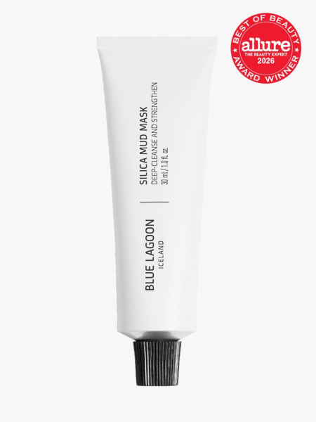 White tube of Blue Lagoon Skin Science Silica Mud Mask with a black cap with Allure Best of Beauty stamp in the top right corner on a light gray background
