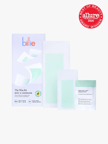 Billie The Wax Kit Body & Underarm in branded components on a light gray background with the 2026 best of beauty seal in the top right corner