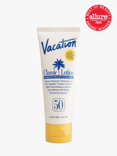 Vacation Classic Lotion SPF 50 in branded tube component on a light gray background with the 2026 best of beauty seal in the top right corner