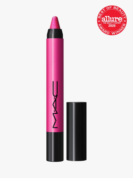 Hot pink MAC Dazzlelips Crayon with black cap and an Allure Best of Beauty stamp in the top right corner on a light gray background