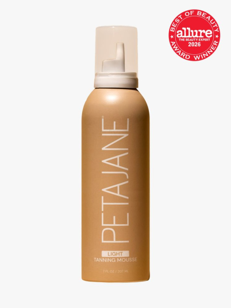 Peta Jane Light Tanning Mousse in branded bottle component on a light gray background with the 2026 best of beauty seal in the top right corner