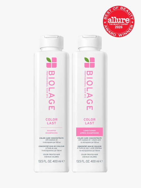 Biolage Professional Hair Spa Color Last Shampoo and Conditioner two white bottles of shampoo and conditioner with pink label text on light gray background with red Allure Best of Beauty seal in the top right corner