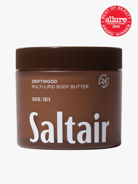Saltair Driftwood Multi-Lipid Body Butter in branded tub component on a light gray background with the 2026 best of beauty seal in the top right corner