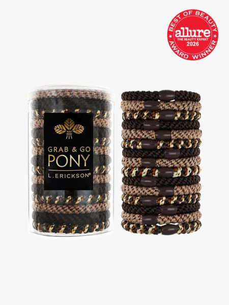 L. Erickson Grab & Go Pony Tube in multiple branded components on a light gray background with the 2026 best of beauty seal in the top right corner